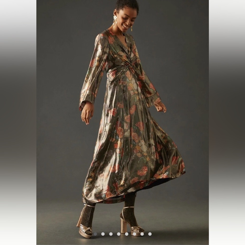Anthropologie Metallic Floral Long Sleeve Dress